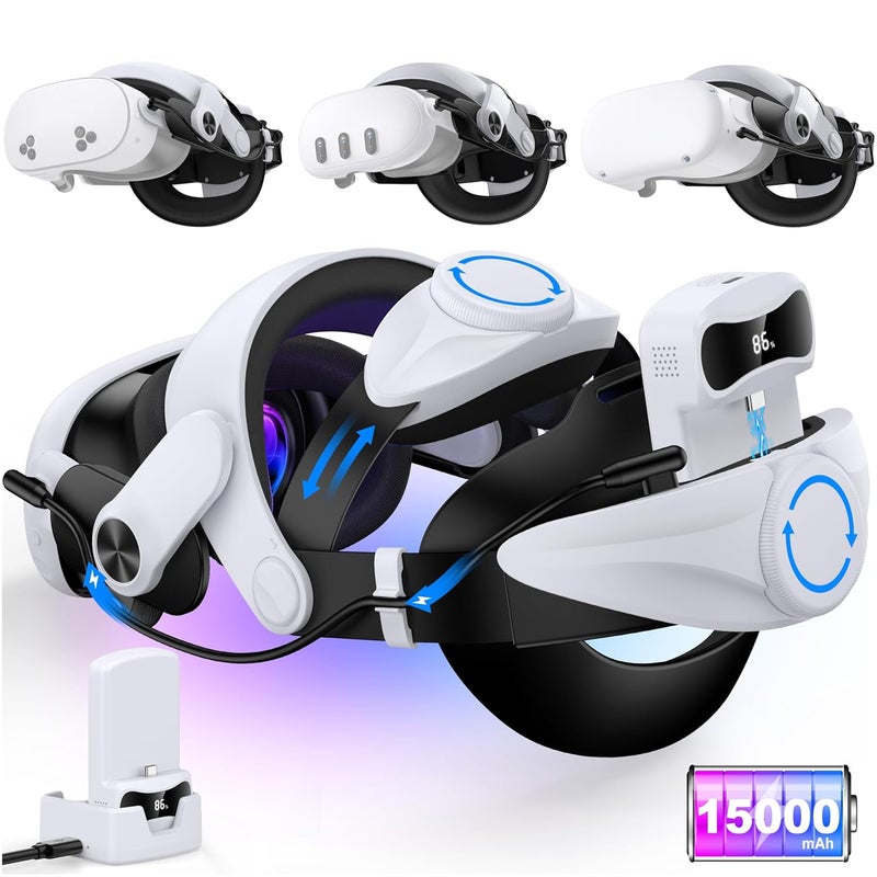 Kawaye حزام رأس بطارية قابل للتبديل الساخن لـ Meta Quest 3S/3/2، حزام النخبة بسعة 15000mAh (7500mAh × 2) حزمة بطارية قابلة للتبديل الساخن تمدد وقت اللعب 6-8 ساعات، حزام سماعة VR مع دعم وراحة محسنة - Image 1